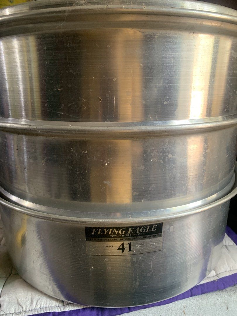 Flying Eagle 3-Tier Steamer (Category: Irons & Steamers) located in Antipolo. Submitted by cebb888 (Listing ID 1425649367, Image 2). Description: 3-tier steamer from Flying Eagle. It has a lid and two additional steaming levels. The steamer has black handles on each tier. The label on the bottom tier indicates size 41. It is made of aluminum..