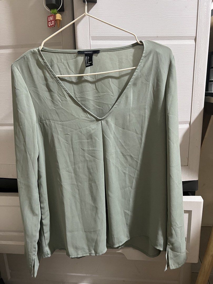 Forever 21 Sage Green Long Sleeve Blouse (Category: Blouses) located in Makati City. Submitted by Czadm (Listing ID 1425754041, Image 1). Description: Used once RFS: Decluttering.