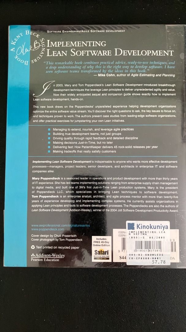 Implementing Lean Software Development Book (Category: Textbooks) located in Singapore. Submitted by miketeo2000 (Listing ID 1425668238, Image 2). Description: Book, "Implementing Lean Software Development" by Mary Poppendieck and Tom Poppendieck, offers practical advice and a modern understanding of how to develop software. It covers topics like lean principles, value stream mapping, and more. See TOC in the images..