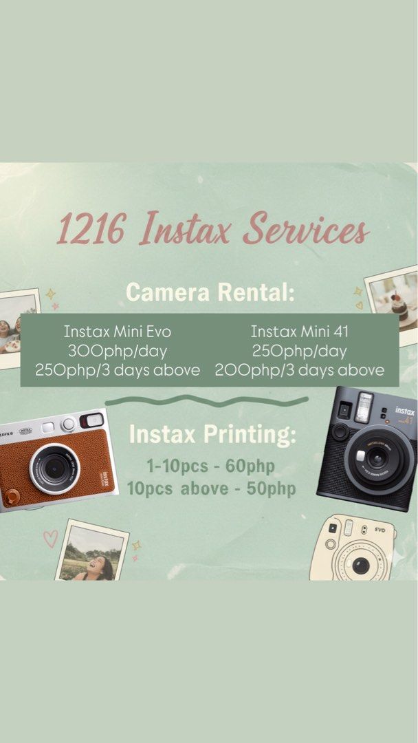 Instax Mini Evo Mini 41 for rent and print (Category: Cameras) located in Quezon City. Submitted by jo.1216 (Listing ID 1425811640, Image 1). Description: Turn your moments into instax printed pics 💛 PM us for queries!.