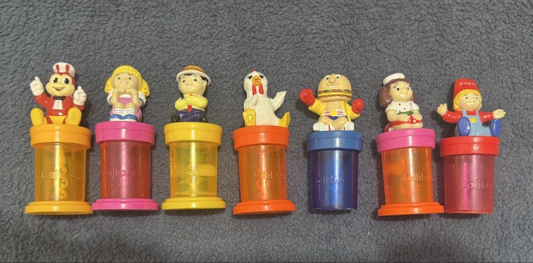 Jollibee Bubble Maker 90’s (Category: Kids Toys) located in Paranaque City. Submitted by pengkit (Listing ID 1425752306, Image 1). Description: Selling our long display collection. Set of Jollibee Empty Bubble Maker characters. Includes Jollibee, Hetty, Mr. Yum, Chickee, Champ, Twirlie , and Popo. Each Bubble Maker set has a different colored base. These are great for collectors or for adding a touch of fun to your desk..