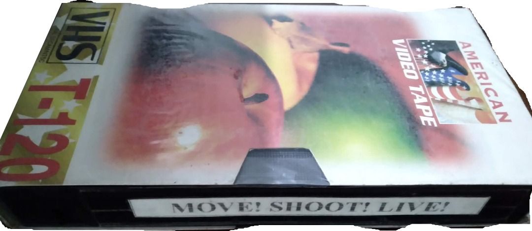 Move Shoot Live (VHS) (Category: CDs & DVDs) located in Makati City. Submitted by skyfall2020 (Listing ID 1425686227, Image 1). Description: VHS tape labeled "American Video Tape" and "T-120". The tape has a colorful image on the front with the words "MOVE! SHOOT! LIVE!". The tape is in its original case..