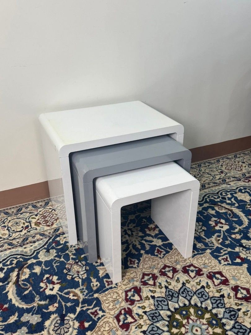 Nesting Table (Category: Tables & Sets) located in Meycauayan. Submitted by marygracecasimiro (Listing ID 1425792385, Image 3). Description: Available - White & Grey Glossy Nesting Table Set Can be used as side table or center table Tucks neatly together Used condition - signs of wear 5.5k Check photos first before buying✅ DM to purchase🧡 Item will be sold AS IS. Please refrain from purchasing if you are particular about USED items and imperfect