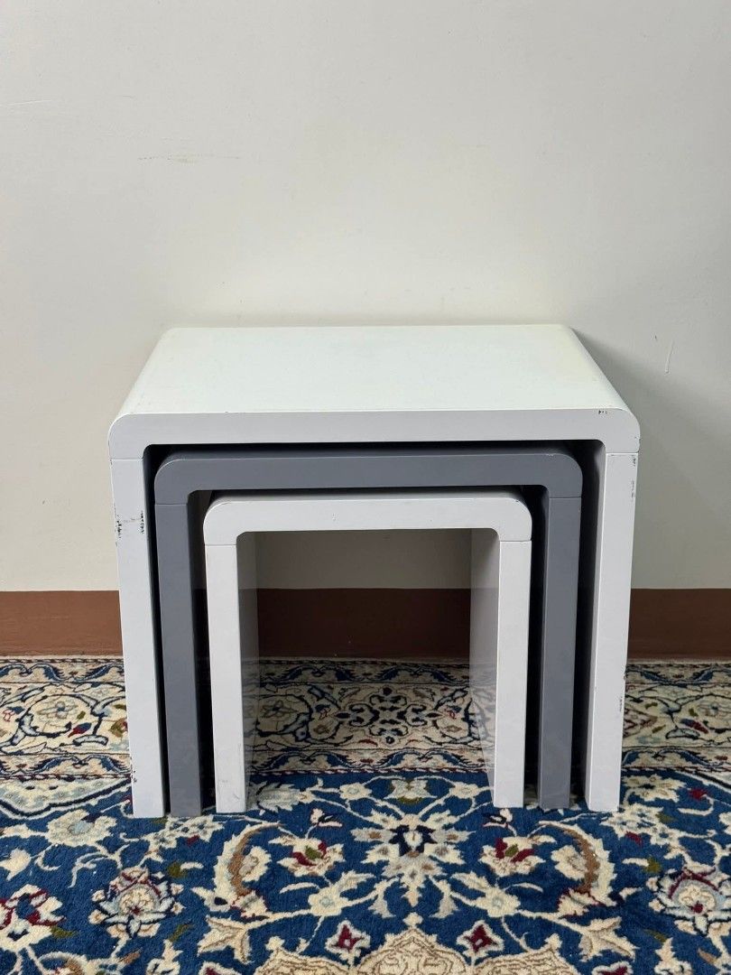 Nesting Table (Category: Tables & Sets) located in Meycauayan. Submitted by marygracecasimiro (Listing ID 1425792385, Image 1). Description: Available - White & Grey Glossy Nesting Table Set Can be used as side table or center table Tucks neatly together Used condition - signs of wear 5.5k Check photos first before buying✅ DM to purchase🧡 Item will be sold AS IS. Please refrain from purchasing if you are particular about USED items and imperfect