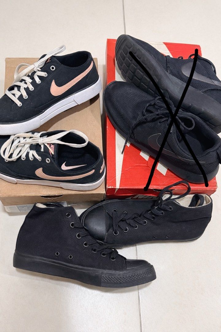 Nike Sneakers (take all) (Category: Sneakers) located in Mandaluyong City. Submitted by agdeclutter (Listing ID 1424338416, Image 1). Description: Nike black shoes Size 5.5 - 22.5cm Just clean, Slightly used Black chuck taylor - 24cm Brand new, never worn.