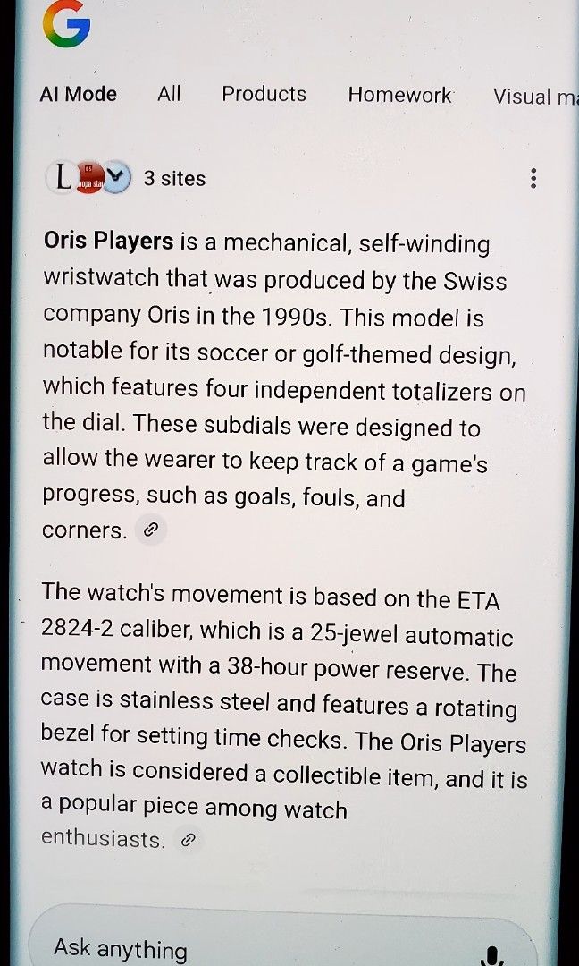 Oris player's gents caliber 2824 automatic (Category: Men's Watches) located in Mapandan. Submitted by newtree_704266 (Listing ID 1425734030, Image 3). Description: Oris player's gents caliber 2824 25 jewel automatic.