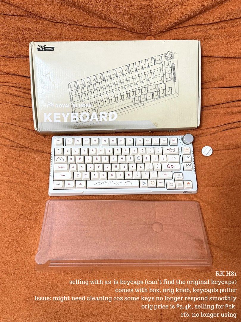 RK Royal Kludge H81 Keyboard (Category: Computer Keyboard) located in Rizal. Submitted by buchai.declutters (Listing ID 1425680866, Image 1). Description: Selling an RK Royal Kludge H81 keyboard. Comes with the box, original knob, and keycap puller. It has as-is keycaps since the original ones are missing. Some keys may need cleaning as they don't respond smoothly. Originally priced at ₱3.4k, now selling for ₱2k. Reason for selling: no longer usi