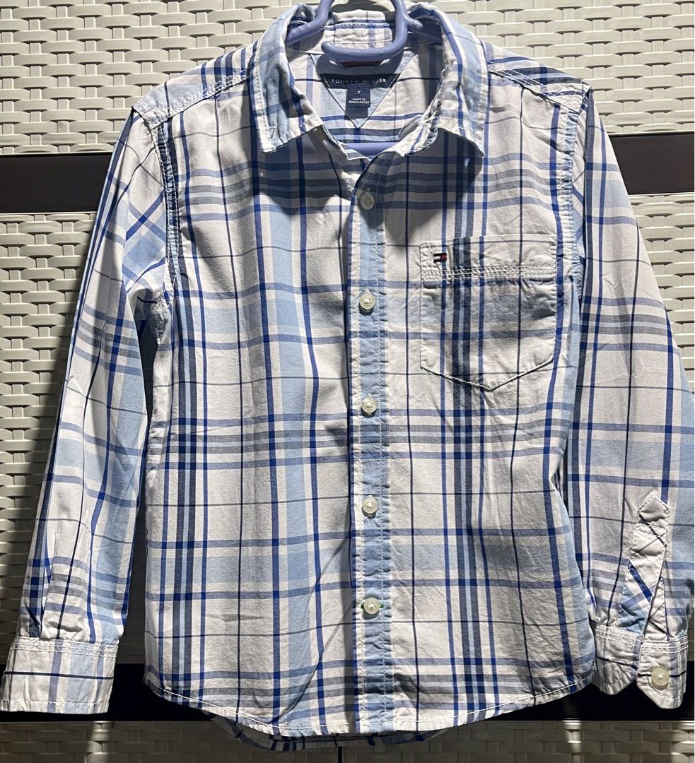 Tommy Hilfiger Plaid Long Sleeve (Category: Babies & Kids Fashion) located in Manila. Submitted by IMEG444 (Listing ID 1425636782, Image 1). Description: Original TH Size 7 on tag Approx measurement when laid flat Length- 48cm Width- 39cm Chest pocket.