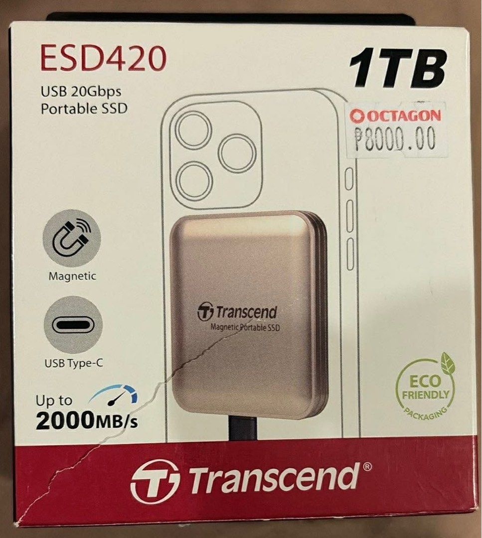 TRANSCEND PORTABLE EXTERNAL SSD 1TB (Category: Memory & SD Cards) located in Manila. Submitted by ghianne (Listing ID 1425803242, Image 1). Description: Bought 03/07/2026, box opened, unused. RFS, change of mind. Gagamitin sanang portable harddrive for IP17. Pero mag icloud nalang..