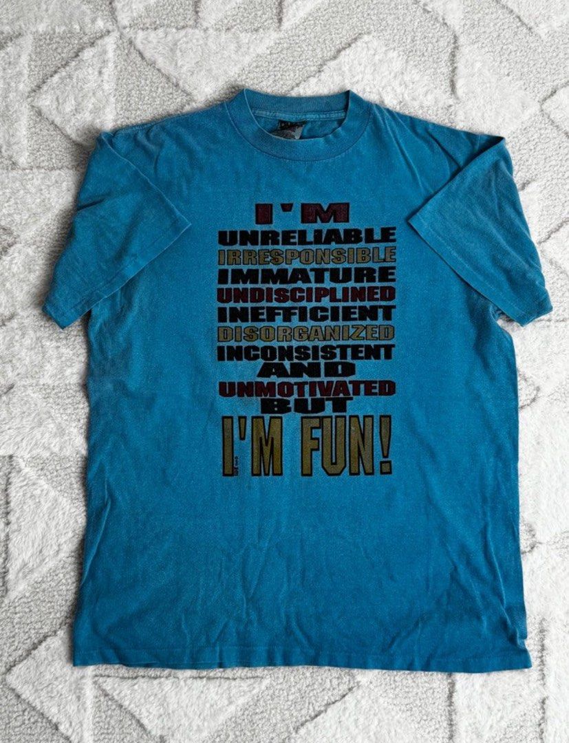 Vintage y2k 90s statement humor graphic tee (Category: Tshirts & Polo Shirts ) located in Paranaque City. Submitted by breakfasttt (Listing ID 1425732054, Image 1). Description: Bought from carousell. Rfs - too big, my fault i didnt read the dimensions posted by the seller UGHHH. Would keep if it was smaller 😔 Width 21 length 28. No issuessss just a bit faded yaas vintage Negotiable!.