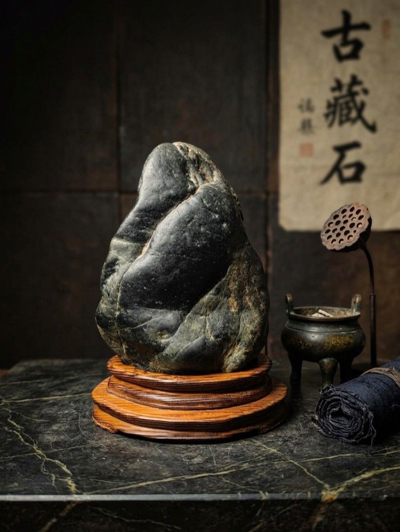 早期天然原石- 花東黑透青金瓜石/奇石/#01（附底座） (招財/風水/擺件