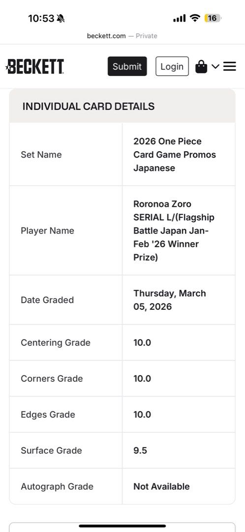 BGS 10 Serial Zoro for Japan, Hobbies & Toys, Toys & Games on Carousell