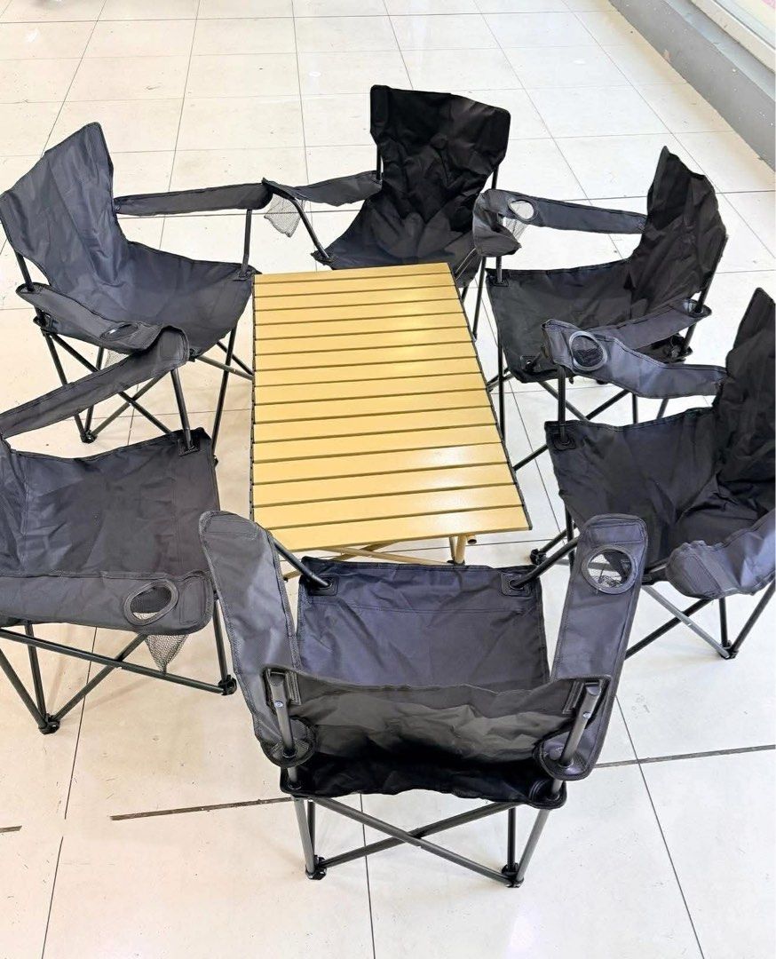 CAMPING CHAIR & TABLE SET (Category: Hiking & Camping) located in Manila. Submitted by justria (Listing ID 1425978408, Image 1). Description: CAMPING SET A — 6 seater — big chairs .
