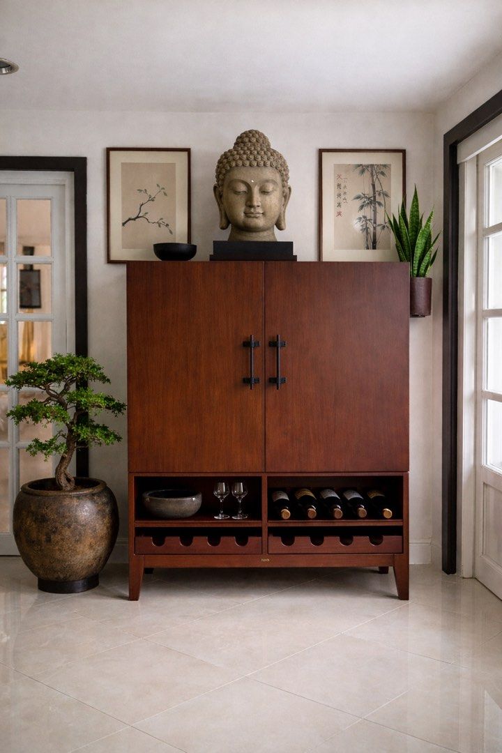 Designer Vintage Solid Wood Home Bar Cabinet with Wine & Glass Storage Statement piece (Category: Shelves, Cabinets & Racks) located in Muntinlupa City. Submitted by boo_thingthings (Listing ID 1425822530, Image 1). Description: • Solid wood statement bar cabinet • Built-in wine bottle storage and hanging stemware rack • Interior mirrored bar for classic cocktail presentation • Warm hand-finished wood tone with matte black hardware • Elegant prop