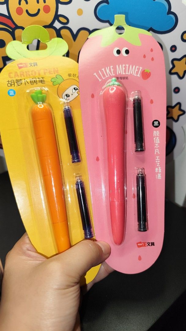 FOUNTAIN PEN Available in Carrot & Strawberry design (Category: Stationery & School Supplies) located in Makati City. Submitted by audreygatchalian (Listing ID 1425922449, Image 1). Description: CLEARANCE SALE Fountain pen comes with 2 refill ink Carrot - Blue ink Strawberry - Black ink 150 ea.