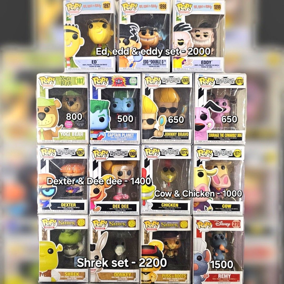 Funko Pop Cartoons (Category: Designer & Blind Box Toys) located in Manila. Submitted by vgaomercad0 (Listing ID 1425953194, Image 1). Description: Funko Pop Cartoons Toy story - 3400 Inside out 2 -3000 Wall-e - 1400 Up - 1000 This is fine - 800 Mr. Bean - 800 Coraline - 2500 Jetsons - 2800 Dexter & Dee dee - 1500 Cow & Chicken - 1000 Courage - 650 Johnny bravo - 650 Rugrats - 1600 Ed, edd, eddy - 2000 Hey Arnold - 2400 Captain Planet - 500 Yogi 