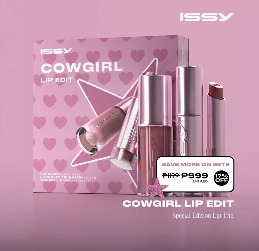 Issy & Co. Cowgirl Lip Edit (Category: Makeup) located in Valenzuela. Submitted by glammnl.ph (Listing ID 1425984739, Image 3). Description: BRAND NEW FEW STOCKS LEFT! OPEN FOR PRE-ORDER (PAYMENT FIRST).