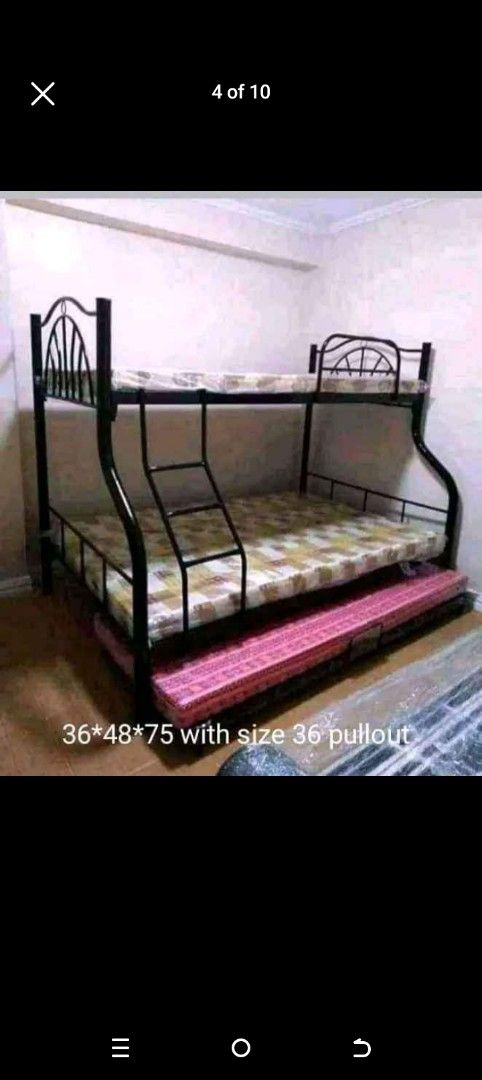 Metal Bunk Bed with Pullout 09676300168 (Category: Bed Frames & Mattresses) located in Manila. Submitted by dyan1111 (Listing ID 1425879971, Image 3). Description: Durable metal bunk bed with a pullout bed. Features a ladder for easy access to the top bunk. Includes mattresses. Available in black. The pullout bed size is 36x48x75 or 36x54x75. Perfect for maximizing space in a bedroom. Great for kids or guests..
