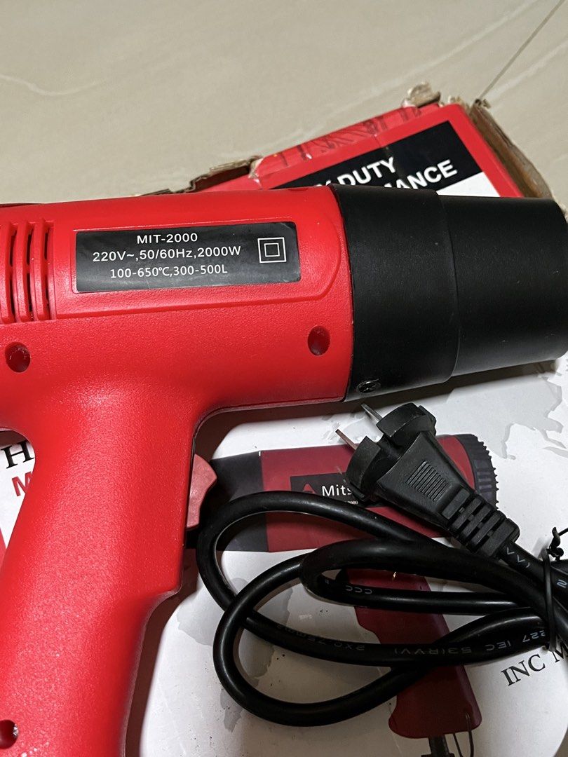 Mitsushi MIT-2000 Heat Gun (Category: Construction Tools & Equipment) located in General Trias. Submitted by .janshop (Listing ID 1425838919, Image 2). Description: This was literally used once. -2 modes Size: 26*24.5*8cm Weight: 0.71kg Rated voltage: 220V Rated Output: Power:2000W Air Volume: 500L/min Rated frequency: 50/60Hz Temperature: 650°C (adjustable).