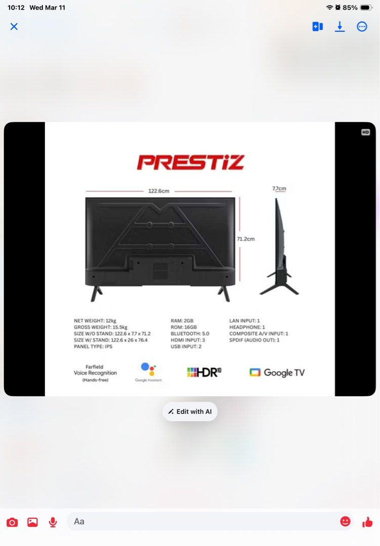 Preztiz 55" 4K Smart Google TV (Category: TV) located in Candelaria. Submitted by azielkob (Listing ID 1425835487, Image 1). Description: CAN ALSO ACCEPT PAYMENTS VIA ATOME, SALMON, HC QWARTA BRAND NEW PRESTIZ TV 55 inches Details in the photos FIXED 25,000 PESOS ONLY! 29,000 SA SHOPE YAN! ACCEPT PAYMENTS THROUGH: CASH ‼️ ATOME VIA QRPH SALMON VIA QRPH HOME CREDIT QWARTA VIA QRPH.
