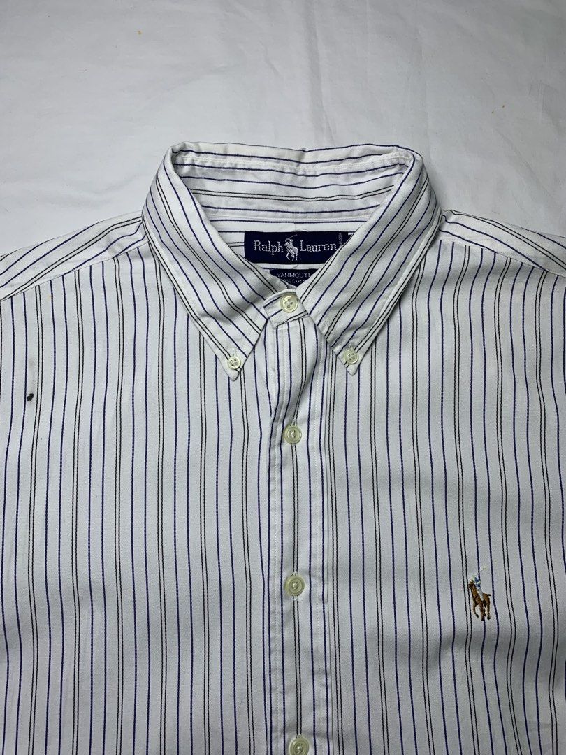 Ralph Lauren Polo button down white Stripes Long sleeve (Category: Luxury Apparel) located in Manila. Submitted by macadr1p (Listing ID 1425852623, Image 2). Description: RALPH LAUREN Dimes: 27x32 Best fit: XL/2XL Color rate: 10/10 Condition: Excellent - Complete tags - Silver tag - Color not faded at all - Collar not faded - No sign of usage - Issue one dot stain only - Need basic rewash - High quality Fabrics - OVERALL💯 ✔ Premium fabric for al