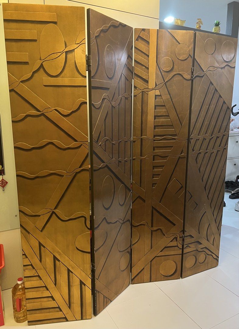 Solid Divider (Category: Other Home Furniture) located in Singapore. Submitted by mister3 (Listing ID 1425920686, Image 1). Description: Photo 1 is one side and photo 2 is the other side of the same divider. For 1 panel, Length: 41cm Width: 2.4cm Height: 183cm The gap between each panel is about 1.1cm due to the hinges..