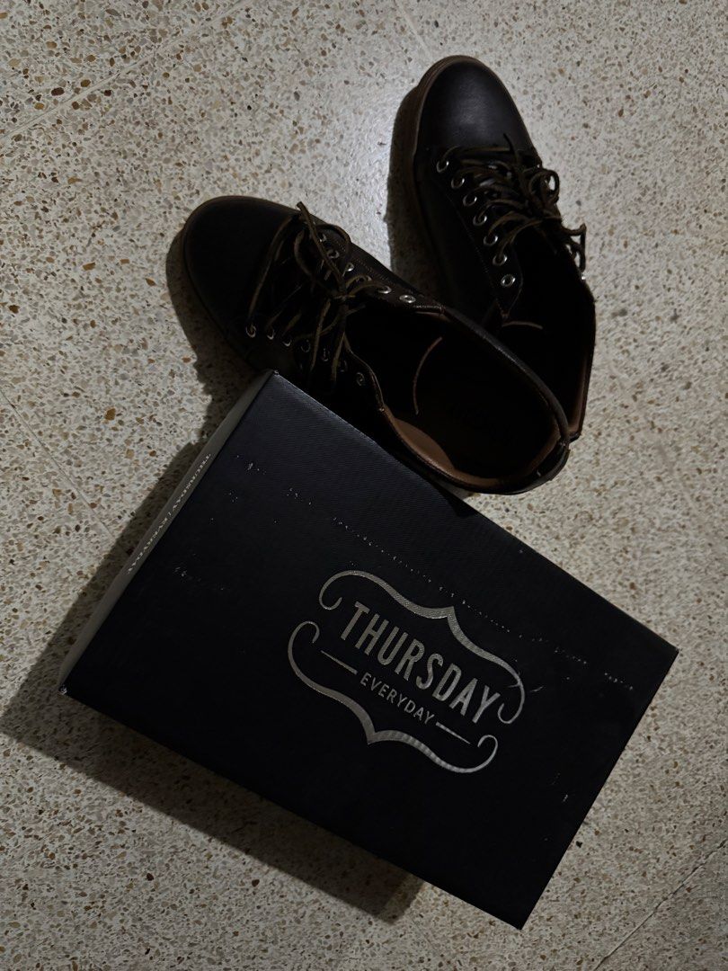 Thursday sneakers (Category: Sneakers) located in Quezon City. Submitted by flash89 (Listing ID 1425932006, Image 3). Description: Selling barley used Thursday sneakers comes complete with all boxes and laces Rfs: will order wide version Dark Brown Waxed Roughout Leather Buttery Soft Sheepskin Interior Lining 2 Sets of Laces (1 Leather and 1 Polyester) Shock-Absorbent Performance Footbeds Natural Vachetta Leather Insoles Padded Tongue & Collar fo