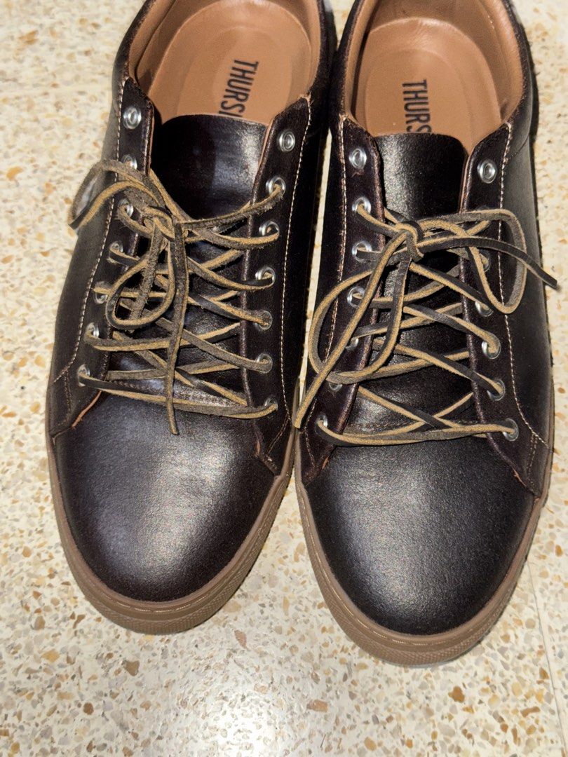 Thursday sneakers (Category: Sneakers) located in Quezon City. Submitted by flash89 (Listing ID 1425932006, Image 1). Description: Selling barley used Thursday sneakers comes complete with all boxes and laces Rfs: will order wide version Dark Brown Waxed Roughout Leather Buttery Soft Sheepskin Interior Lining 2 Sets of Laces (1 Leather and 1 Polyester) Shock-Absorbent Performance Footbeds Natural Vachetta Leather Insoles Padded Tongue & Collar fo