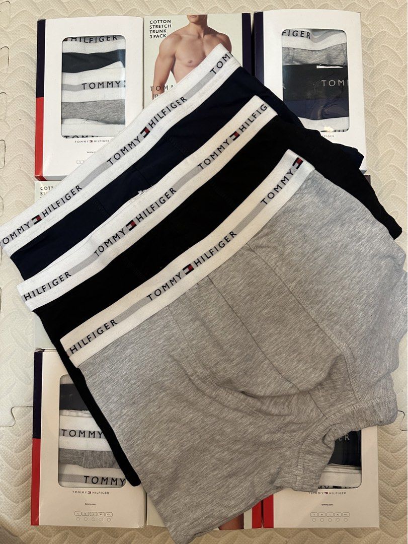 Tommy Hilfiger Cotton Stretch Trunk 3-Pack (Category: Underwear) located in Paranaque City. Submitted by missmargerrieal (Listing ID 1425435589, Image 1). Description: TOmmy Hilfiger Cotton Boxer Brief Set Brandnew with Box 3 boxer per Box Sizes : M- 28-30 L- 30-32 XL- 32- 33 XXL - 33-35 3 Colors only in a box: Black/ Gray / Dark Blue.
