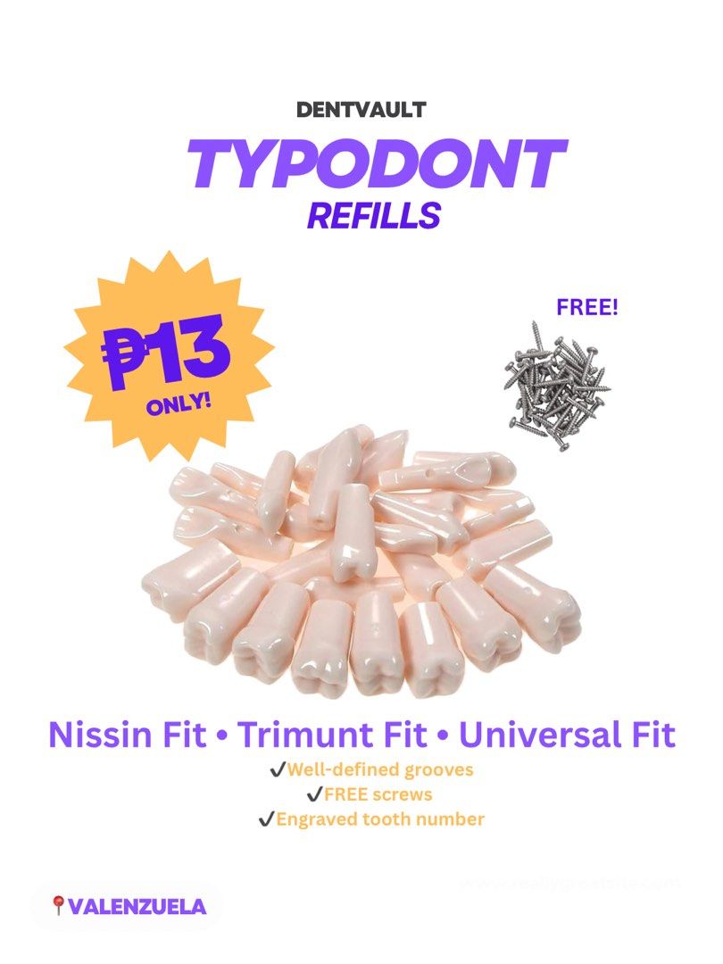 Typodont Refills (Category: Medical Supplies & Tools) located in Manila. Submitted by dentvault_ (Listing ID 1424314177, Image 1). Description: Brand X Typodont Refills Nissin Fit ✅ Trimunt Fit ✅ Free screws With engraved tooth number .