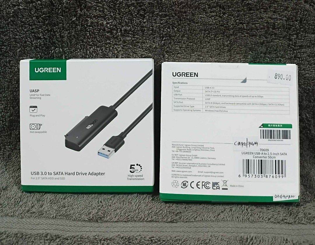 UGREEN USB 3.0 to SATA Hard Drive Adapter (Category: Cables & Adaptors) located in Manila. Submitted by chinggayg.190 (Listing ID 1425964077, Image 2). Description: Upgrade your storage access with the reliable UGREEN USB 3.0 to SATA Hard Drive Adapter — the fastest and easiest way to connect your 2.5" SATA HDD or SSD to your laptop or PC. Perfect for file backup, data recovery, disk cloning, and upgrading drives without opening your computer. En