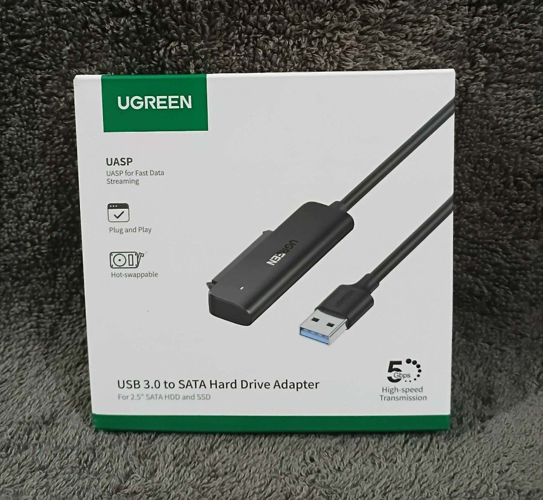 UGREEN USB 3.0 to SATA Hard Drive Adapter (Category: Cables & Adaptors) located in Manila. Submitted by chinggayg.190 (Listing ID 1425964077, Image 1). Description: Upgrade your storage access with the reliable UGREEN USB 3.0 to SATA Hard Drive Adapter — the fastest and easiest way to connect your 2.5" SATA HDD or SSD to your laptop or PC. Perfect for file backup, data recovery, disk cloning, and upgrading drives without opening your computer. En