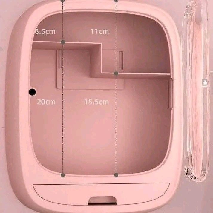 Wall-Mounted Cosmetic Organizer (Category: Makeup) located in Manila. Submitted by legitseller_angel06 (Listing ID 1425857971, Image 1). Description: Wall-mounted cosmetic organizer features multiple compartments and a drawer for storing various beauty products. It has a clear door for easy visibility and protection. The organizer is available in pink and blue. It is designed to save space and keep your cosmetics neatly organized. Dimensions are 