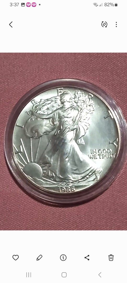 1986 American Silver Eagle One Dollar Coin (sold) (Category: Currency) located in Cebu City. Submitted by reynaldocarwana (Listing ID 1426083769, Image 2). Description: 1986 First year mintage og American silver eagle 1 troy oz 31.1 grams pure 99.9 % pure silver coin.Actual picture posted BU condition no scratches or hair lines. Hard to fine at this condition..