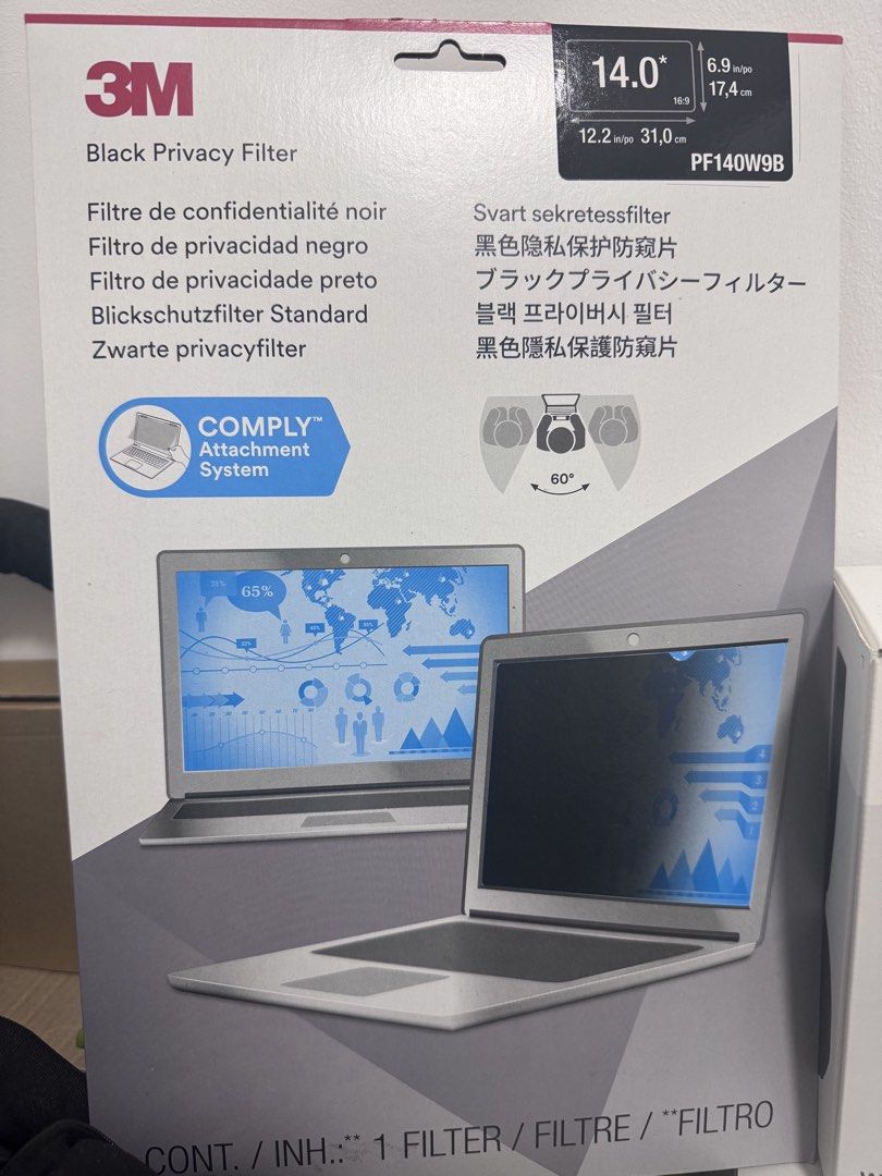 3M Black Privacy Filter 14.0" PF140W9B (Category: Lens & Kits) located in Manila. Submitted by CornerStore (Listing ID 1426042603, Image 1). Description: Protect your screen with this 3M Black Privacy Filter. Designed for 14-inch laptops with a 16:9 aspect ratio. It features a black finish and helps prevent visual hacking. The filter includes a Comply Attachment System for easy installation. It also includes a cleaning cloth. Perfect when working