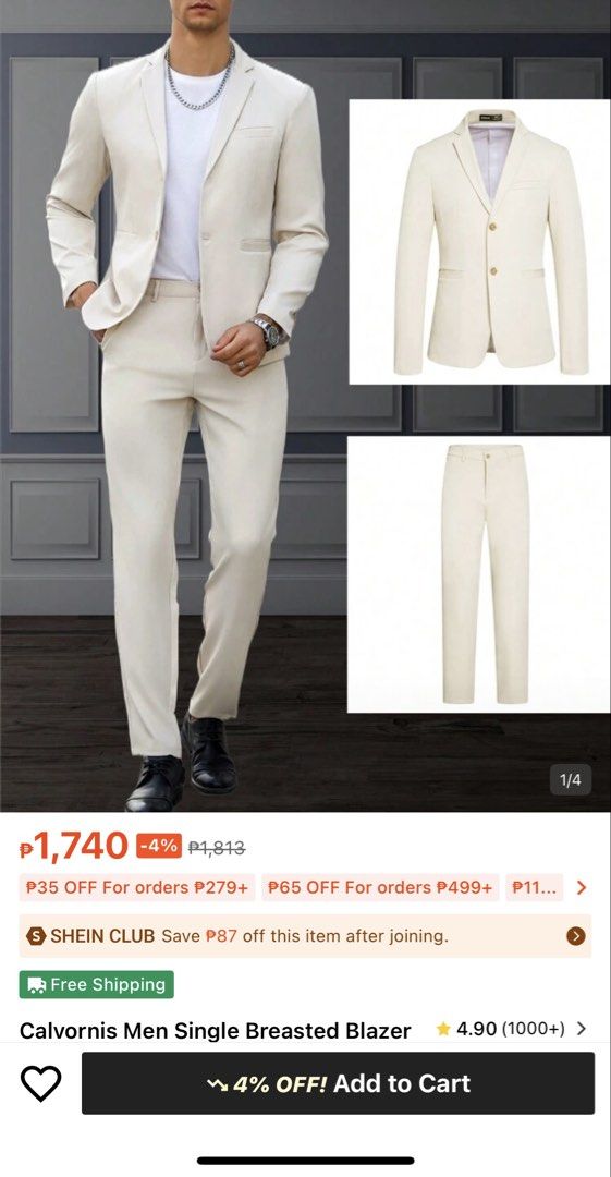 Calvornis Men Single Breasted Blazer Suit (Category: Coats, Jackets and Outerwear) located in Apalit. Submitted by jassy181 (Listing ID 1426181796, Image 1). Description: Stylish Calvornis men's single-breasted blazer suit. Features a cream-colored blazer and matching pants. The blazer has two buttons and a classic design. Perfect for formal events or adding a touch of sophistication to your wardrobe. Includes free shipping..