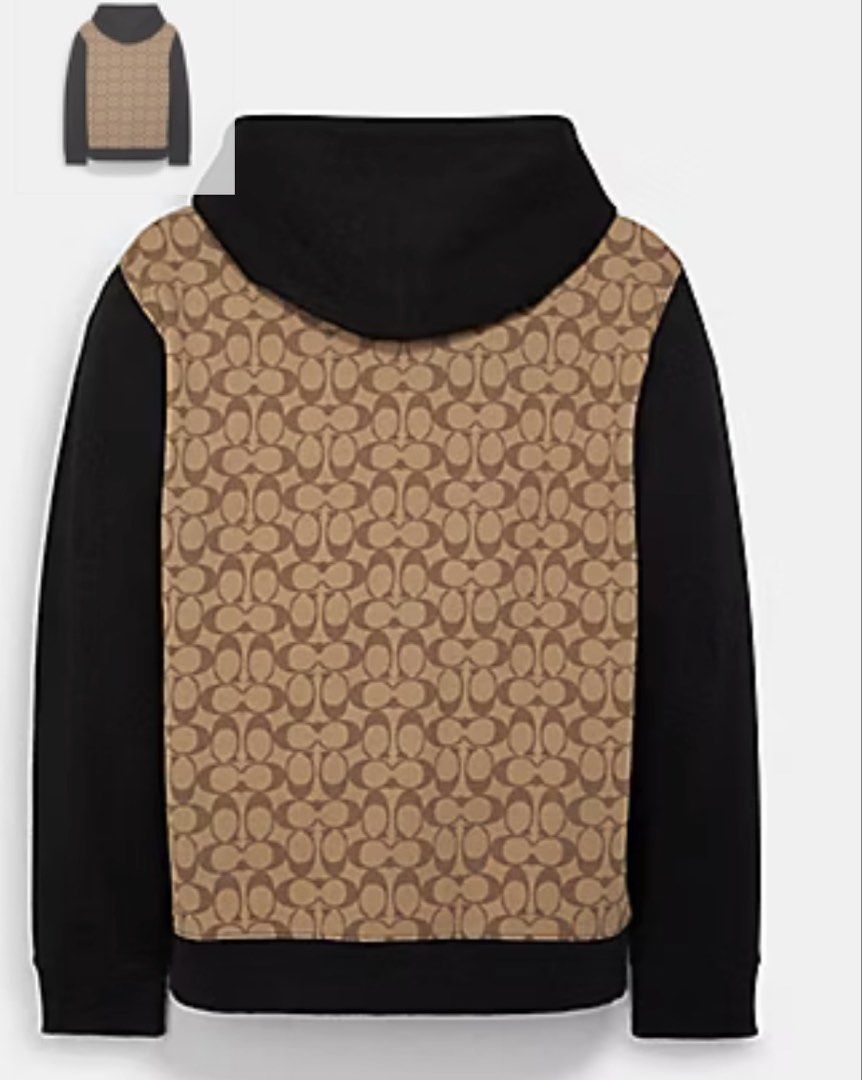 Coach Signature Hoodie - Medium (Category: Luxury Apparel) located in Batangas. Submitted by cjayf (Listing ID 1426123662, Image 3). Description: Authentic Coach hoodie featuring the signature Coach pattern. It has a black hood, sleeves, and pockets, with a zip-up front. The size is medium, as indicated on the label. Made in Peru. The hoodie has a "C" logo patch on the chest. The fabric composition is 100% cotton for the body and hood lining..