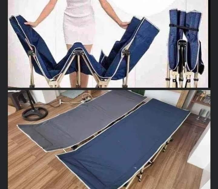 Folding Bed - Portable and Versatile (Category: Bed Frames & Mattresses) located in Manila. Submitted by swiftflower_802790 (Listing ID 1426083954, Image 1). Description: Folding bed is perfect for camping or extra guests. It can be folded into a chair or unfolded into a bed. The bed is blue and gray. It has a sturdy frame and is easy to set up and store. Great for indoor and outdoor use..