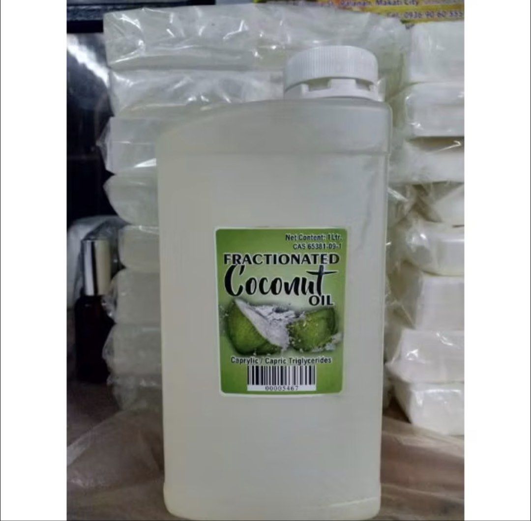 Fractionated Coconut Oil 1 Liter (Category: Everything Else Others) located in Muntinlupa City. Submitted by violet1966 (Listing ID 1426091557, Image 1). Description: Fractionated Coconut Oil in a 1-liter container. The label indicates it contains Caprylic / Capric Triglycerides. Perfect for various uses. The product is ready for use..