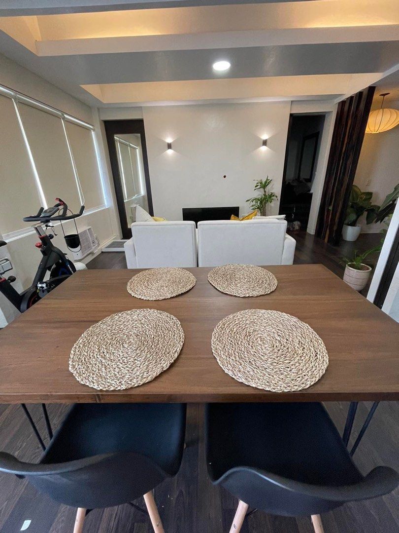 Walnut Dining Table with Tempered glass top (Category: Tables & Sets) located in Taguig. Submitted by letgogarage (Listing ID 1426084502, Image 2). Description: Custom Solid Wood Dining Table w/ Tempered glass - 15,000 (Still negotiable) Custom-made dining set featuring a solid Gemelina wood top and matte black steel hairpin legs. Comfortably seats 6 ✔ Solid wood construction ✔ Premium custom piece (not mass-produced) ✔ Space-efficient footprint 
