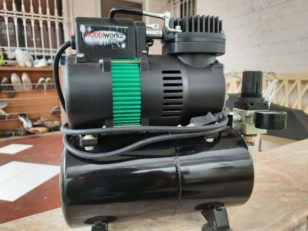 Hobbieworkz Air Compressor Hobbiworkz CMP-20T (Category: Construction Tools & Equipment) located in Bacolod City. Submitted by kaibigang_butiki (Listing ID 1426075365, Image 2). Description: 1/6HP Direct 220v Single Piston Compressor (Oil-less Design) Air flow:20-25L/min w/ Auxillary Fan w/ 3L Tank w/ Safety Air Release Valve at 6bar w/ Auto Start-Stop Feature @ 3-4bar w/ 1/8" BSP Connection w/ Low Noise design at 47 decibels comes w/ a Manometer