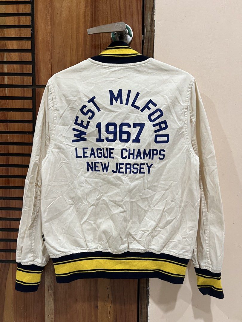 Houston Co. West Milford 1967 Jacket (Category: Coats, Jackets and Outerwear) located in Davao. Submitted by dustyleather25 (Listing ID 1426158873, Image 1). Description: Houston.Co “west milford 1967” heavy varsity jacket Dimes: 19.5 width x 26 length Condition: used Colorate: 9/10 Issue: Needs wash / yellow stains(see photos) Price 1200+ sf.