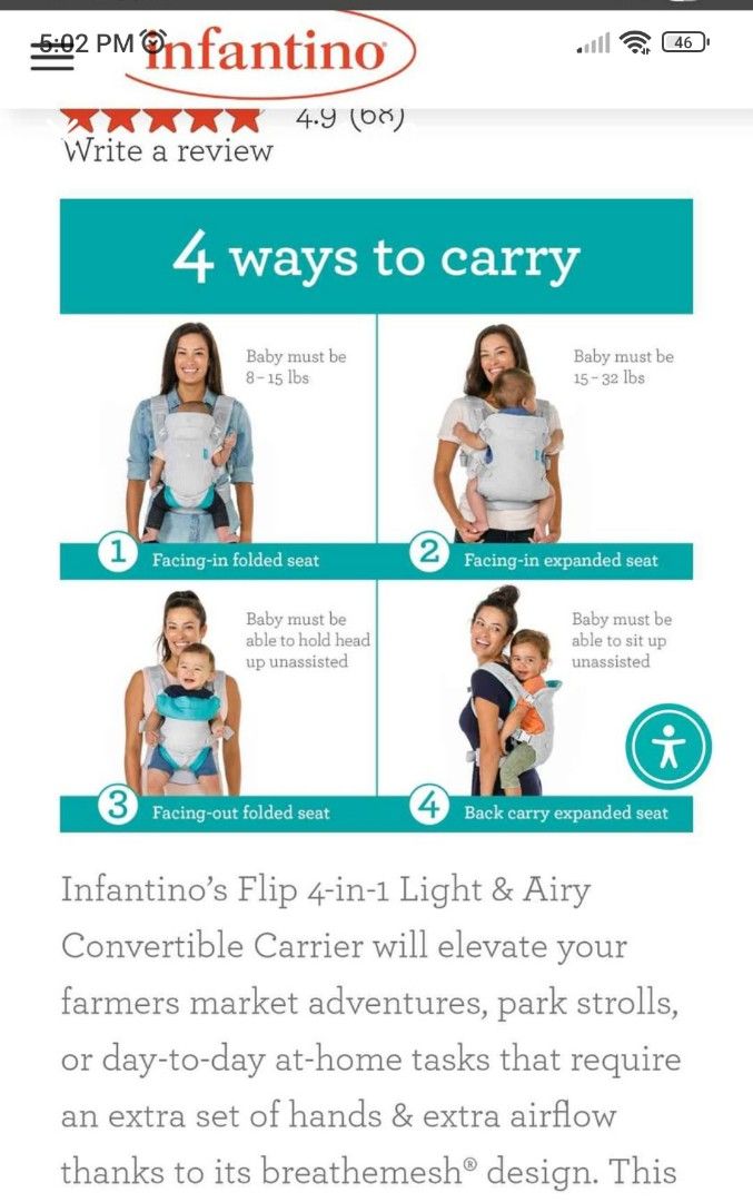 Infantino Baby Carrier (Category: Carriers & Slings) located in Manila. Submitted by mrm4u (Listing ID 1426098563, Image 2). Description: Infantino Flip 4-in-1 Light & Airy Convertible Carrier RFS: malaki na si baby, di na nagagamit.