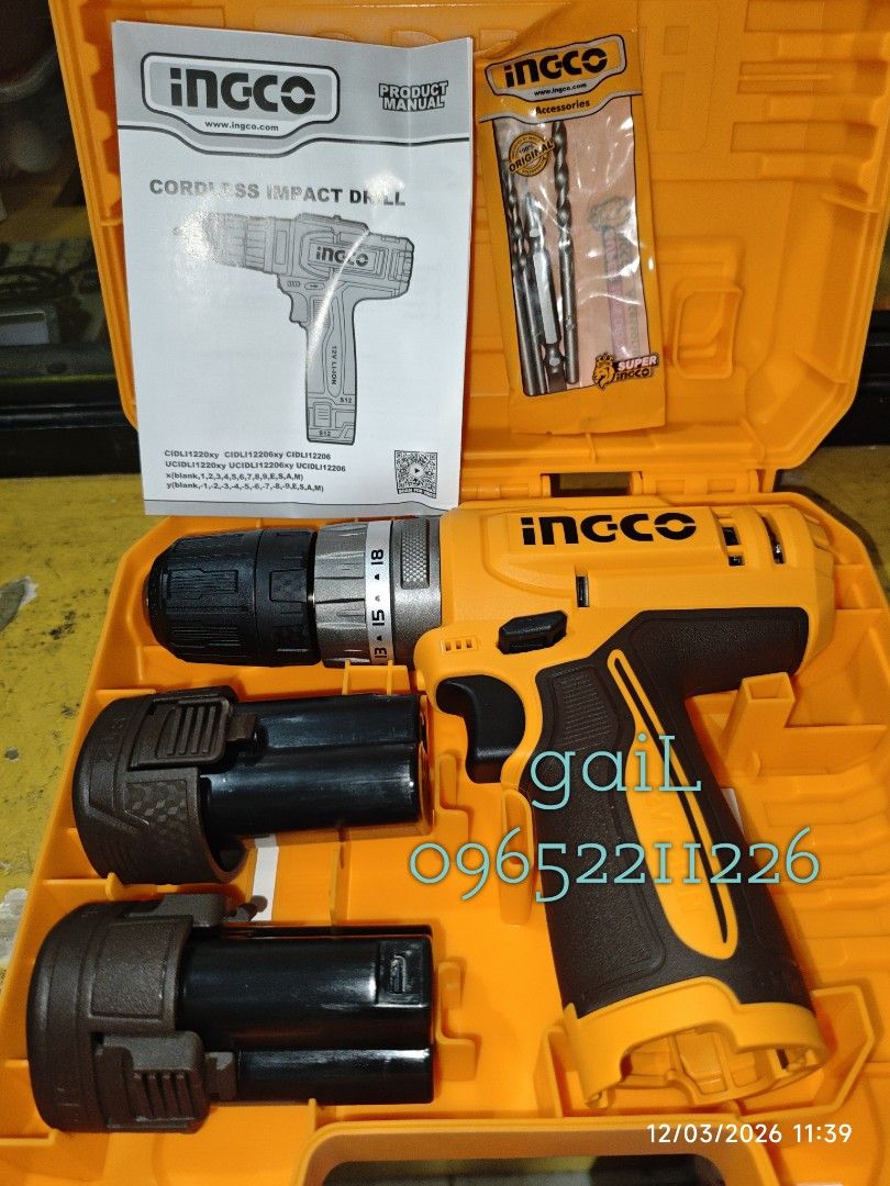 INGCO 12V Cordless Impact Drill Set (CIDLI12206) (Category: Construction Tools & Equipment) located in Caloocan City. Submitted by abieghail (Listing ID 1426034574, Image 3). Description: PRICE : ₱2,500 (PLEASE CHECK LAST PHOTO UPLOADED FOR COMPLETE SPECS.) Available for store pick-up or delivery nationwide. Contact us for faster transaction. TO GOD BE THE GLORY!.