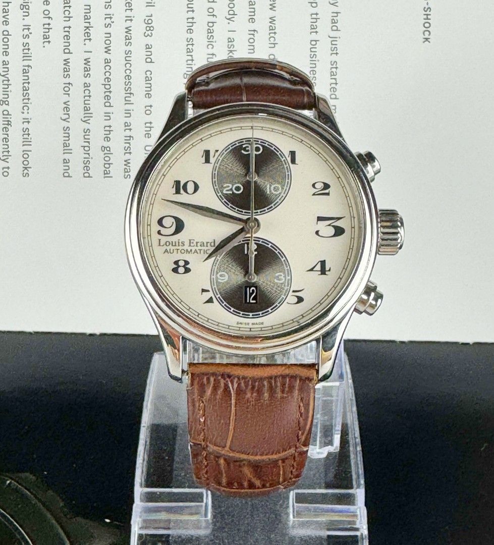 Louis Erard Automatic Chronograph Watch (Category: Men's Watches) located in Manila. Submitted by ab.authentic.collection (Listing ID 1426141410, Image 1). Description: Available for Sale Louis Erard Chronograph - Ref. 73255 - 40mm in diameter - Automatic - Good working condition, fully functional - Vintage-inspired design with Arabic Numerals - Original Deployant Buckle, Aftermarket Leather Strap Fitted - Unit Only Open for Meetups (Sure buyer) 