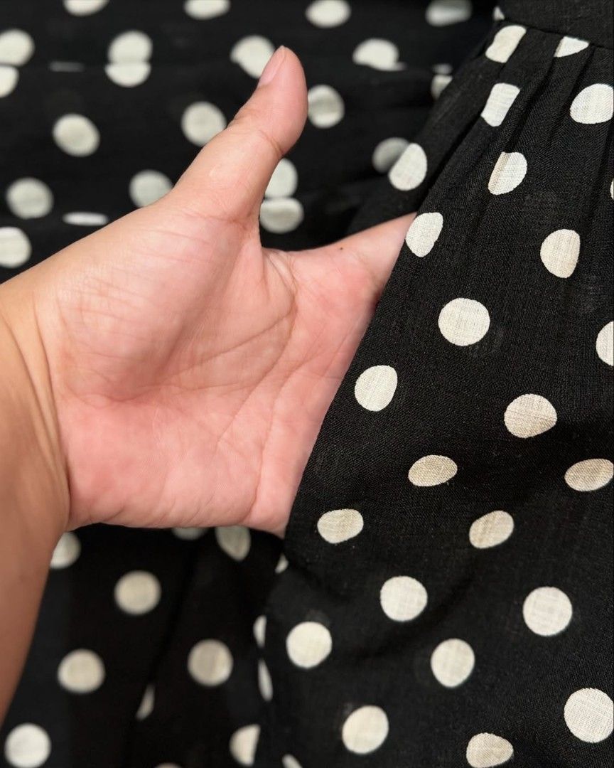 Polka Dot Dress with White Collar (Category: Dresses) located in Manila. Submitted by addicted2zara (Listing ID 1426080647, Image 2). Description: Dress features a classic polka dot pattern in black and white. It has a white collar and short sleeves. The dress has a fitted bodice and a flared skirt. It also has pockets. Perfect for a vintage-inspired look..