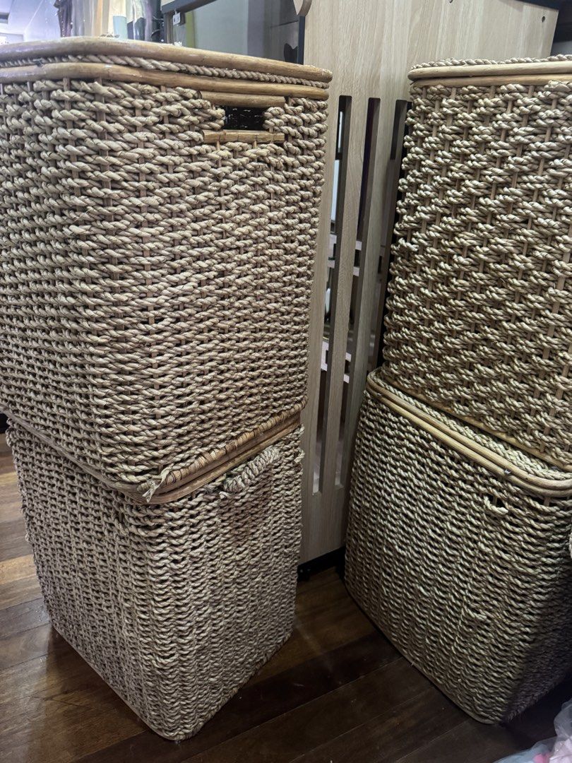 Rattan Hamper Storage Box Natural Rattan (Category: Storage Boxes & Baskets) located in Manila. Submitted by cin18namoroll (Listing ID 1426081935, Image 2). Description: Take all only Set of 4 Rattan Hampers 21in height 15.5in depth 18in width - with handle - with minor scratches at the hinges - Some hinges broken - Natural flaws but overall in great condition, lightly used - bought for 2k ea so 50% off.