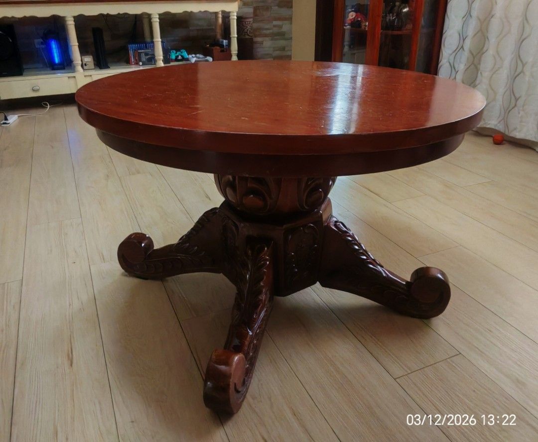 Round Wooden Coffee Table (Category: Tables & Sets) located in San Mateo. Submitted by deccan (Listing ID 1426059149, Image 1). Description: Center Table Made of hard wood Very Heavy Dimension: Height: 2ft Diameter : 3 ft Location: Ampid1, San Mateo, Rizal Pick-up only. Shipping at buyer's expense. RFS: Will transfer to a smaller house.