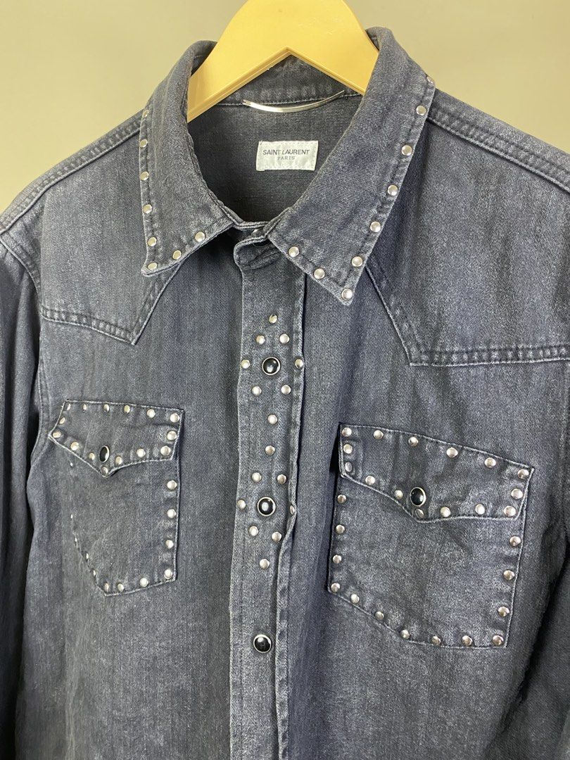 Saint Laurent Paris Studded Shirt (Category: Luxury Apparel) located in Dasmarinas. Submitted by goodbuyartisanal (Listing ID 1426084183, Image 3). Description: Saint Laurent Paris Studded Shirt size Medium width 21.5 inches Length 27 inches Good faded Price : 1500 + ship Pm me.
