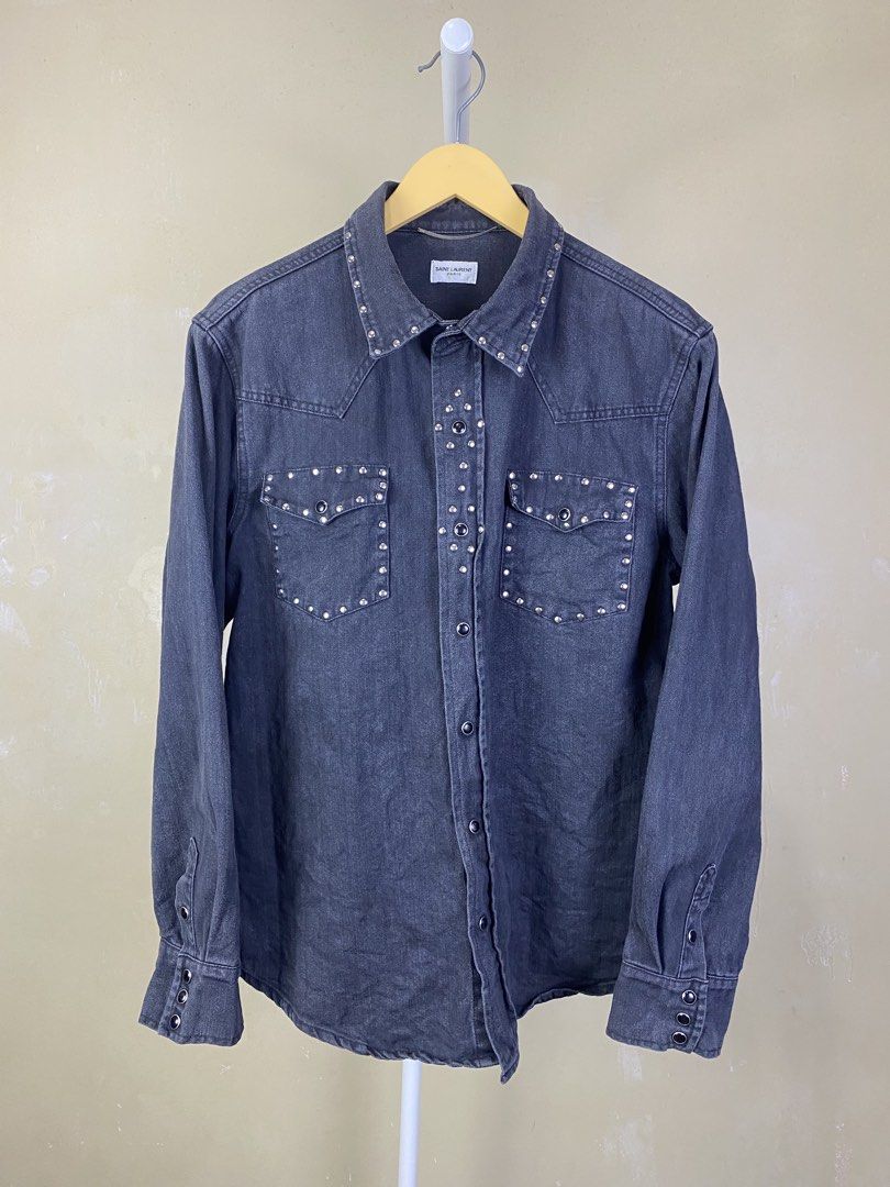 Saint Laurent Paris Studded Shirt (Category: Luxury Apparel) located in Dasmarinas. Submitted by goodbuyartisanal (Listing ID 1426084183, Image 1). Description: Saint Laurent Paris Studded Shirt size Medium width 21.5 inches Length 27 inches Good faded Price : 1500 + ship Pm me.